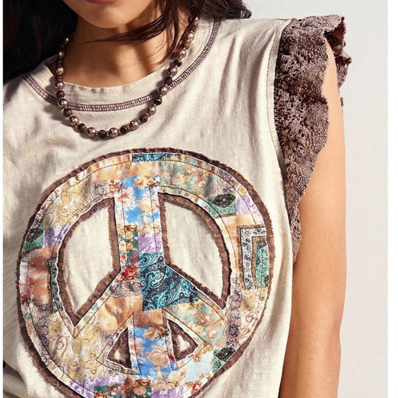 Boho Color block Floral print Peace Patchwork Tank Top - Picture 2 of 6